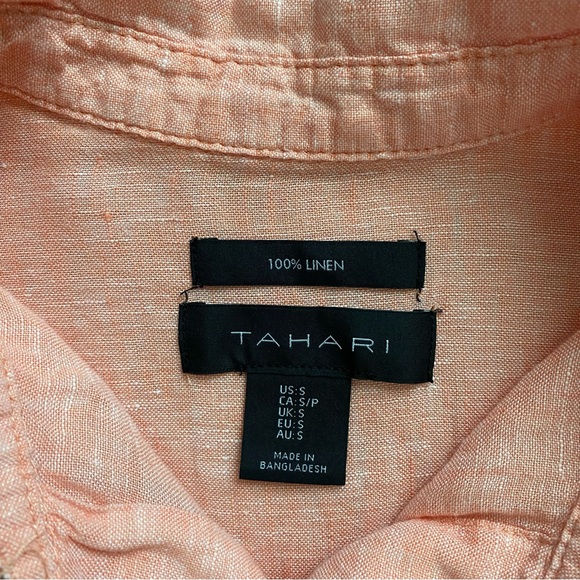 Tahari 100% Linen Women Button Front Short Sleeves Shirt Coral Top - Picture 11 of 14